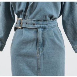 Elegant Full Sleeve Split Women Denim Dress Notched Collar